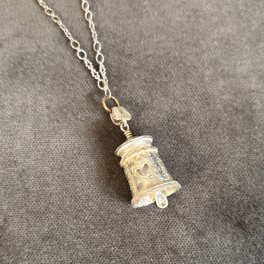 Ornate Silver Bell Pendant Necklace - Silver - Picture 2 of 2